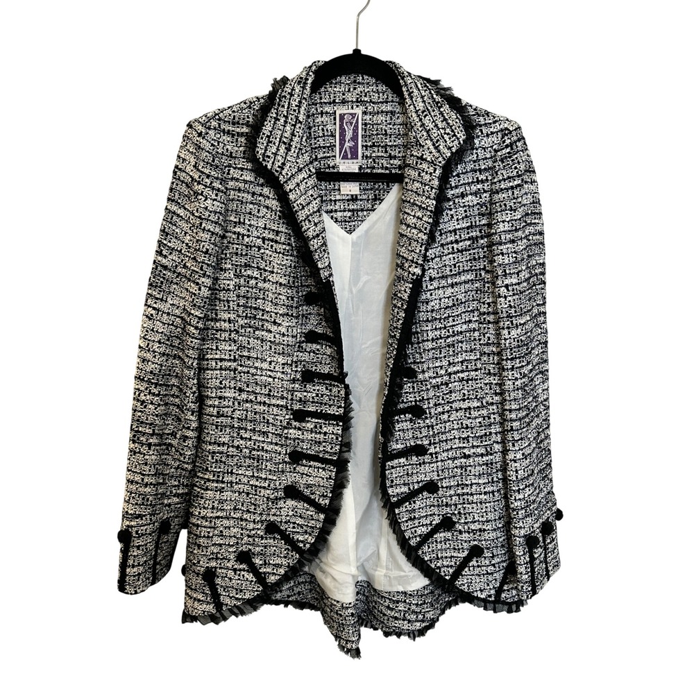 Zelda Tweed Blazer Size 8 Black White Metallic Fringe Trim Cocktail Party